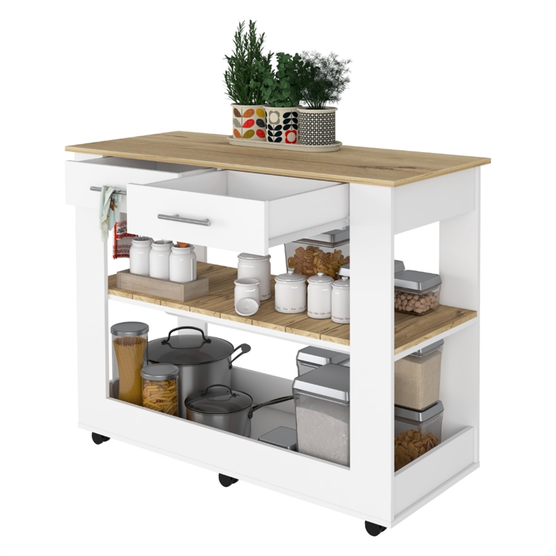 Pemberly Row Kitchen Island with 2 Drawers and 6 Wheels in White