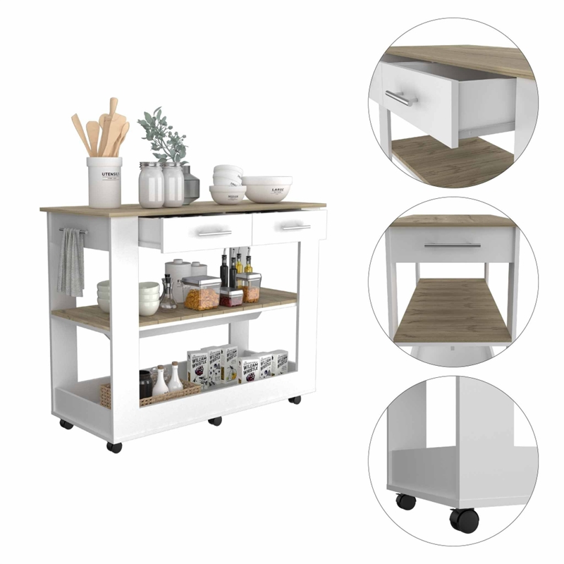 Pemberly Row Kitchen Island with 2 Drawers and 6 Wheels in White