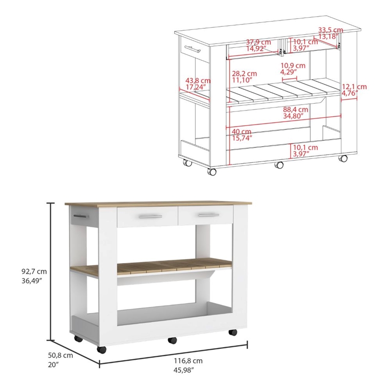 Pemberly Row Kitchen Island with 2 Drawers and 6 Wheels in White