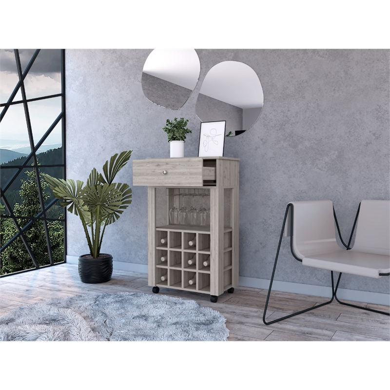 Pemberly Row Modern Engineered Wood Bar Cart with 4 Casters in Light Gray