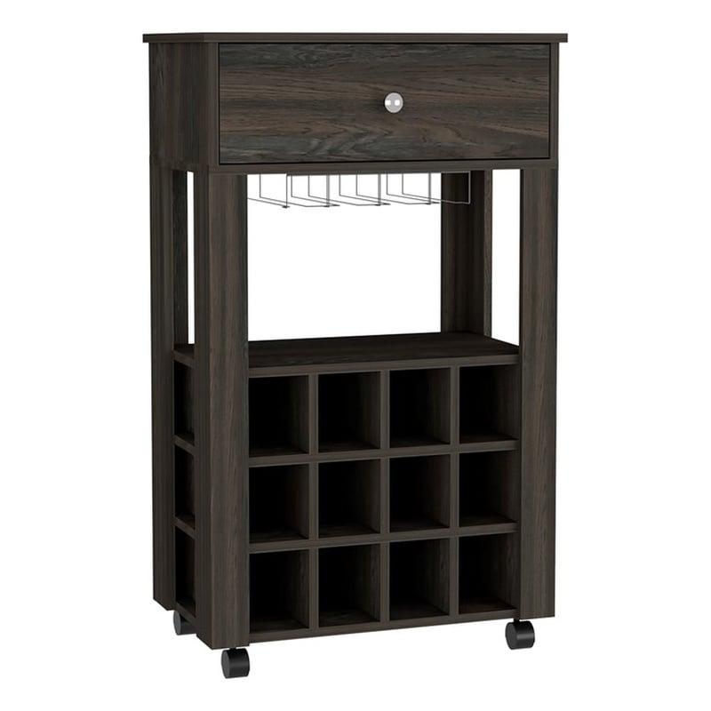 Pemberly Row Modern Engineered Wood Bar Cart with 4 Casters in Espresso