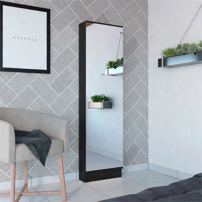Pemberly Row 18.5 Inch XL Engineered Wood Shoe Rack with Mirror in Black