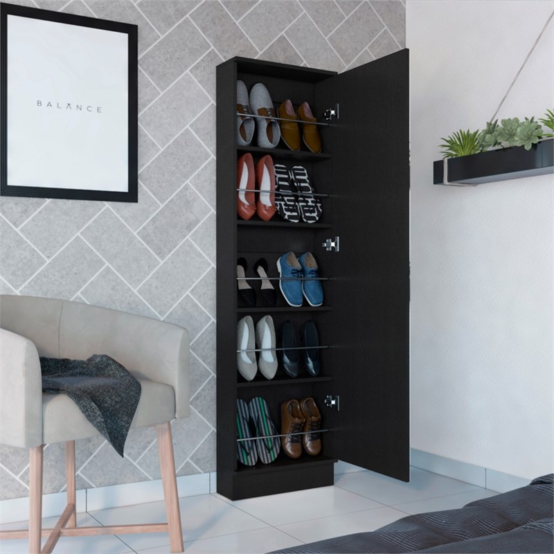 Pemberly Row 18.5 Inch XL Engineered Wood Shoe Rack with Mirror in Black