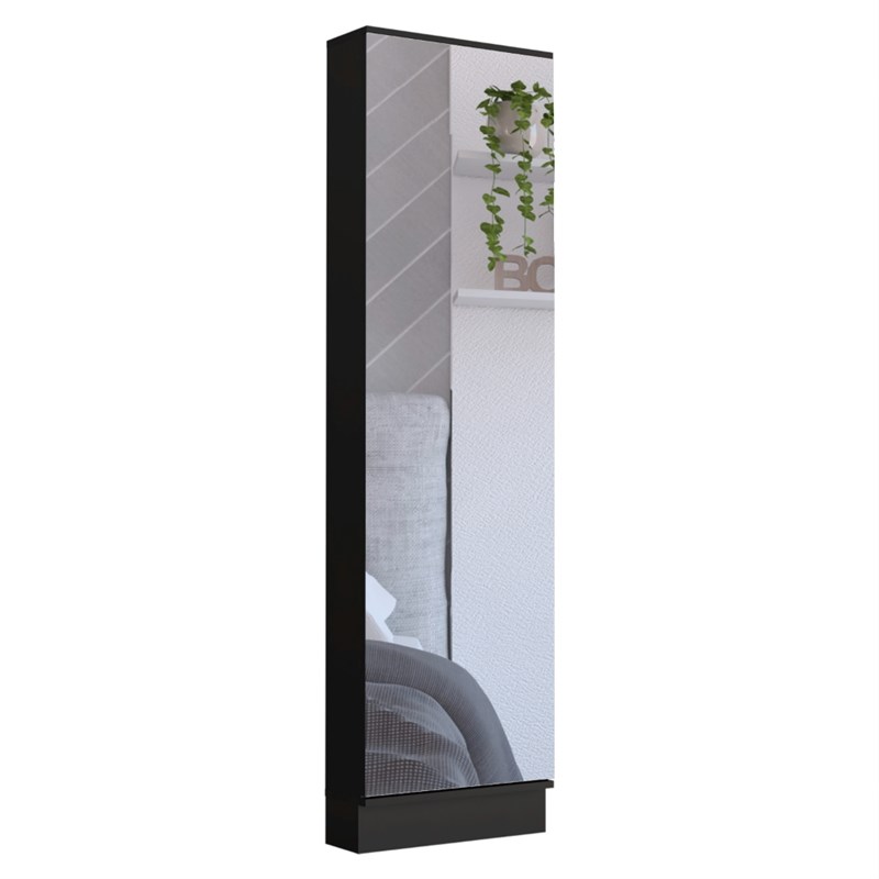 Pemberly Row 18.5 Inch XL Engineered Wood Shoe Rack with Mirror in Black