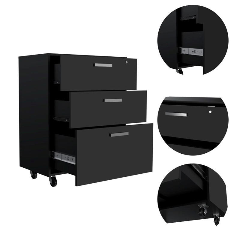 Pemberly Row 3 Drawer Modern Engineered Wood Storage Cabinet in Black
