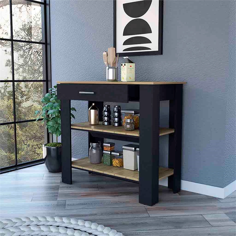 Pemberly Row 2 Shelf Modern Engineered Wood Kitchen Island in Black/Oak
