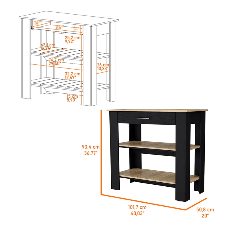 Pemberly Row 2 Shelf Modern Engineered Wood Kitchen Island in Black/Oak