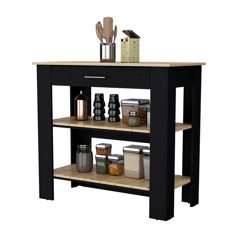 Pemberly Row 2 Shelf Modern Engineered Wood Kitchen Island in Black/Oak