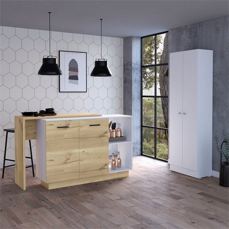 Pemberly Row 2 Piece Kitchen Set with Island and Pantry in White/Oak