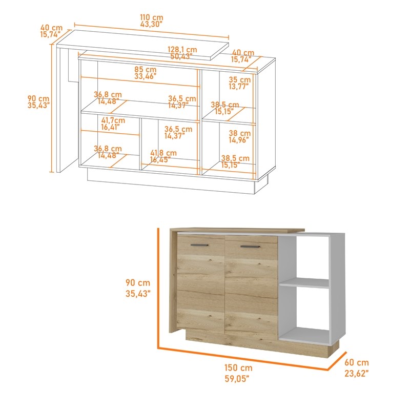 Pemberly Row 2 Piece Kitchen Set with Island and Pantry in White/Oak