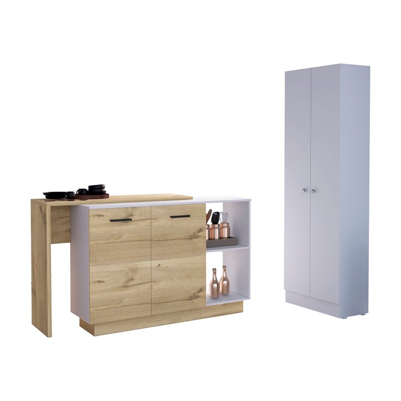 Pemberly Row 2 Piece Kitchen Set with Island and Pantry in White/Oak