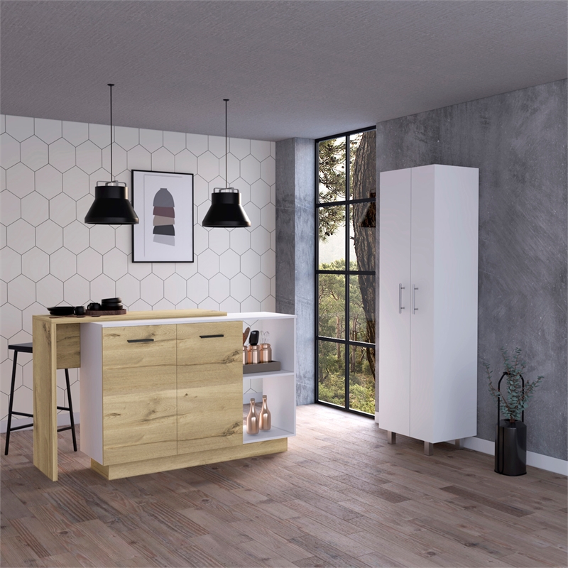 Pemberly Row 2 Piece Kitchen Set with Broom Closet Pantry in White/Oak