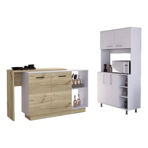 Pemberly Row 2 Piece Kitchen Set with Microwave Pantry in White/Oak
