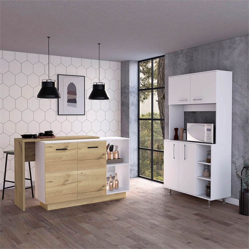 Pemberly Row 2 Piece Kitchen Set with Microwave Pantry in White/Oak