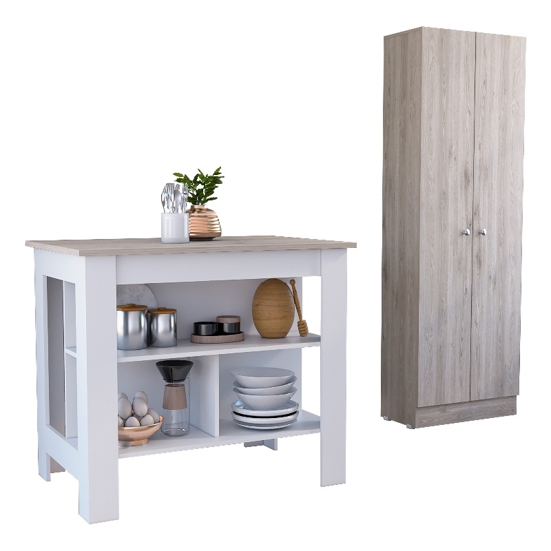 Pemberly Row 2 Piece Kitchen Set with Storage Cabinet in White/Gray