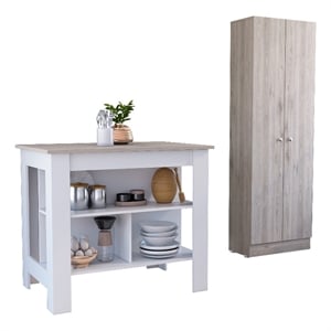 Pemberly Row 2 Piece Kitchen Set with Storage Cabinet in White/Gray