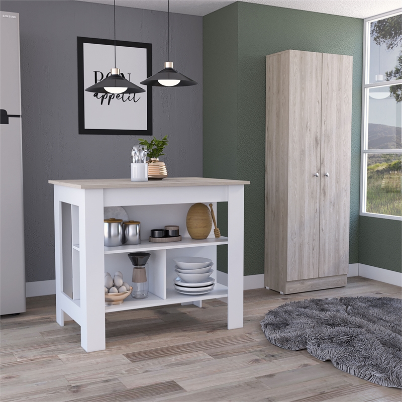 Pemberly Row 2 Piece Kitchen Set with Storage Cabinet in White/Gray