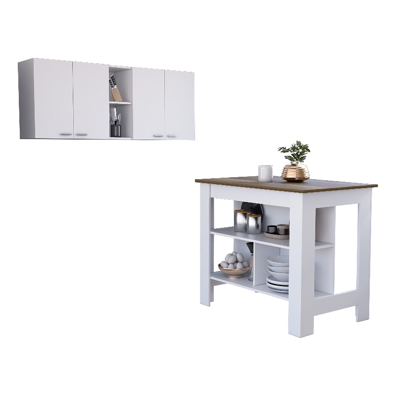 Pemberly Row 2 Piece Kitchen Set with Wall Cabinet in White/Walnut