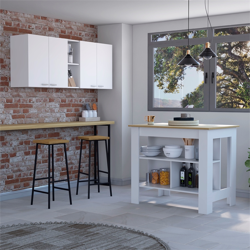 Pemberly Row 2 Piece Kitchen Set with Open Shelf Cabinet in White/Oak