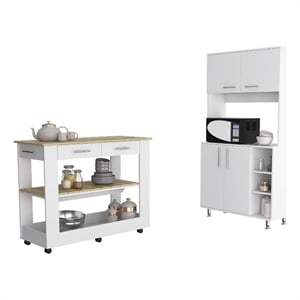 Pemberly Row 2 Piece Kitchen Set with Rolling Island in White/Oak