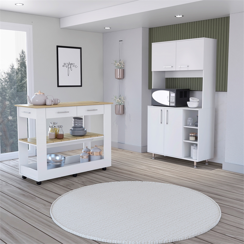 Pemberly Row 2 Piece Kitchen Set with Rolling Island in White/Oak