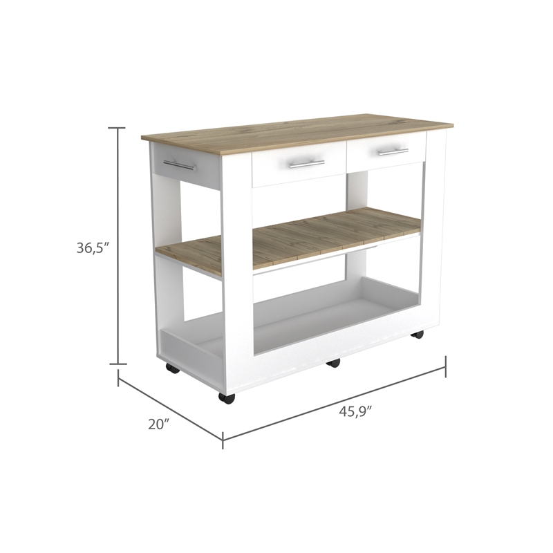 Pemberly Row 2 Piece Kitchen Set with Rolling Island in White/Oak