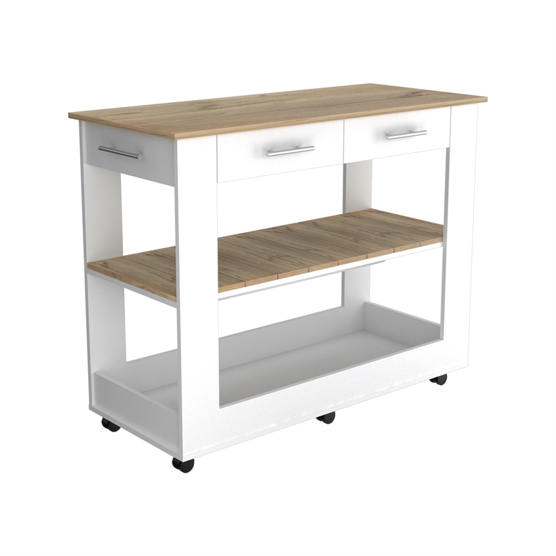 Pemberly Row 2 Piece Kitchen Set with Rolling Island in White/Oak