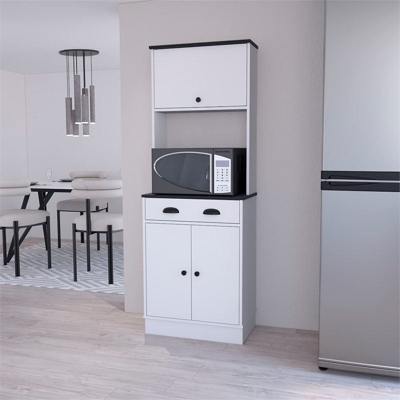 Pemberly Row Kitchen Pantry with Drawer and 2 Cabinets in White/Black