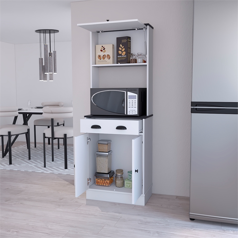 Pemberly Row Kitchen Pantry with Drawer and 2 Cabinets in White/Black