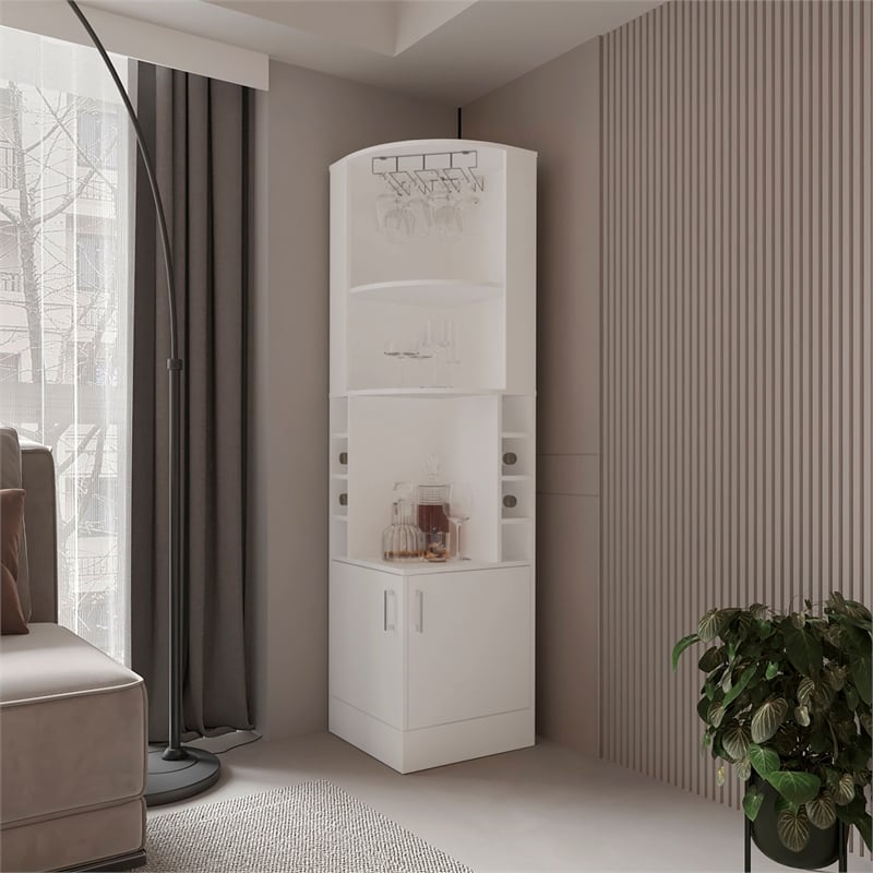 Pemberly Row Corner Bar Cabinet with Storage Engineered Wood in White
