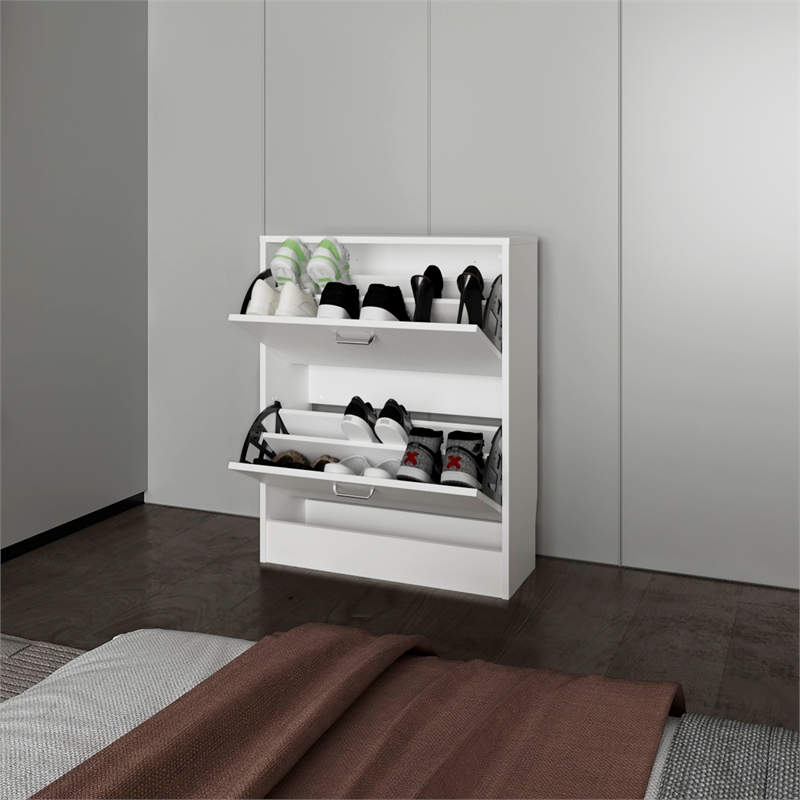 Pemberly Row Slim Shoe Cabinet with 2 Tilt-Out Doors in White