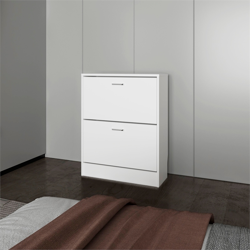 Pemberly Row Slim Shoe Cabinet with 2 Tilt-Out Doors in White