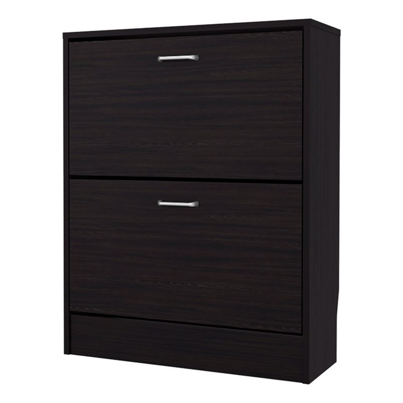 Pemberly Row Slim Shoe Cabinet with 2 Tilt-Out Doors in Wenge