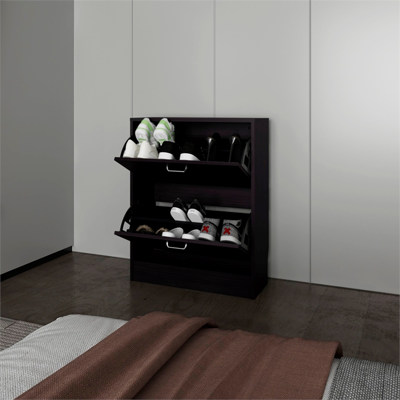 Pemberly Row Slim Shoe Cabinet with 2 Tilt-Out Doors in Wenge
