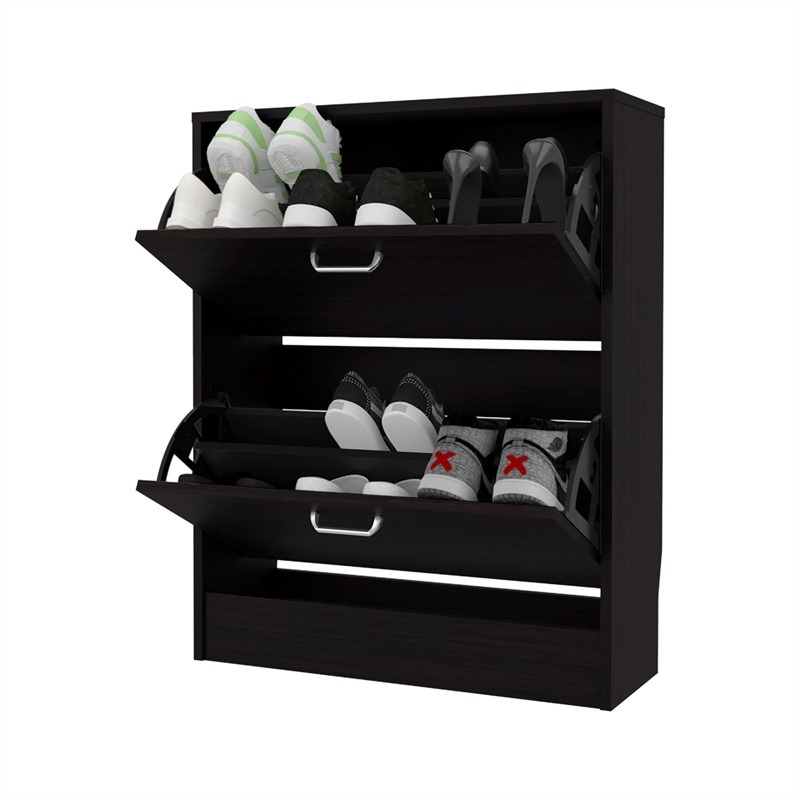 Pemberly Row Slim Shoe Cabinet with 2 Tilt-Out Doors in Wenge
