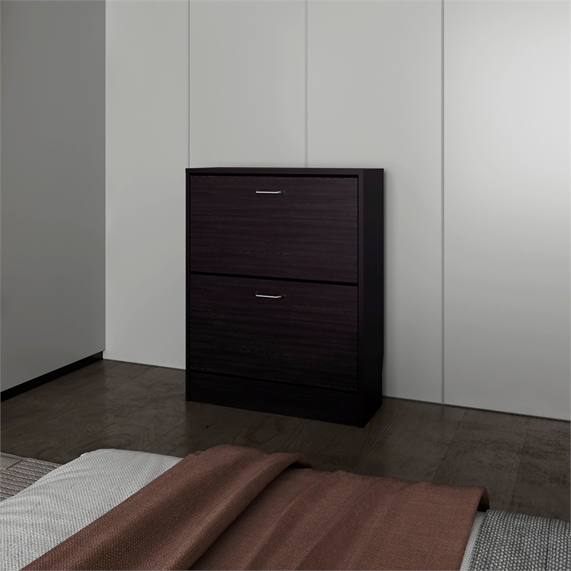 Pemberly Row Slim Shoe Cabinet with 2 Tilt-Out Doors in Wenge