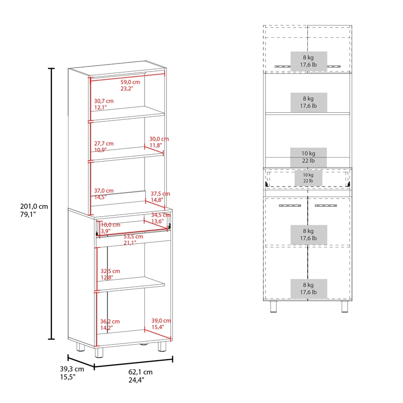 Pemberly Row Tall Kitchen Cabinet with Microwave Shelf in White
