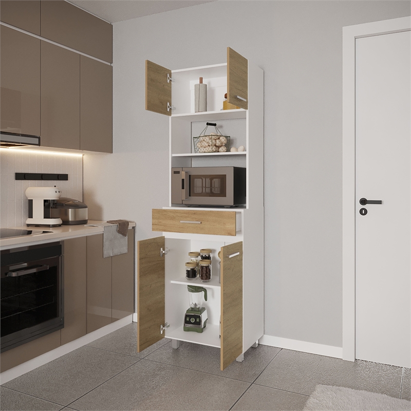 Pemberly Row Tall Kitchen Cabinet with Microwave Shelf in White