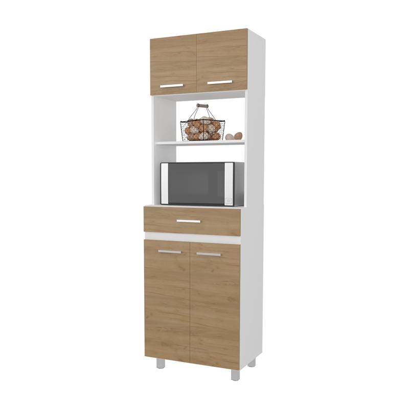 Pemberly Row Tall Kitchen Cabinet with Microwave Shelf in White