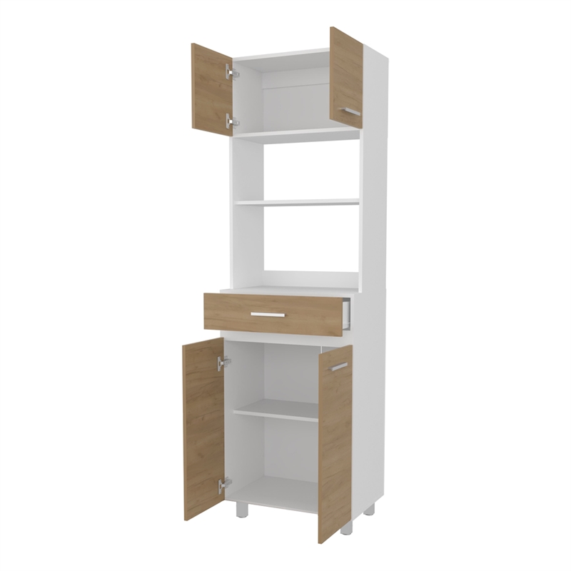 Pemberly Row Tall Kitchen Cabinet with Microwave Shelf in White