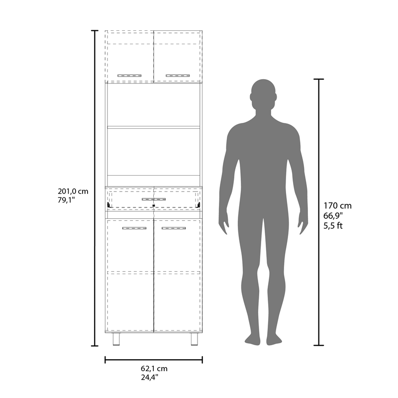 Pemberly Row Tall Kitchen Cabinet with Microwave Shelf in White