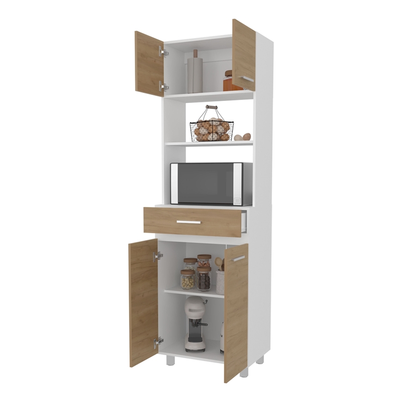 Pemberly Row Tall Kitchen Cabinet with Microwave Shelf in White