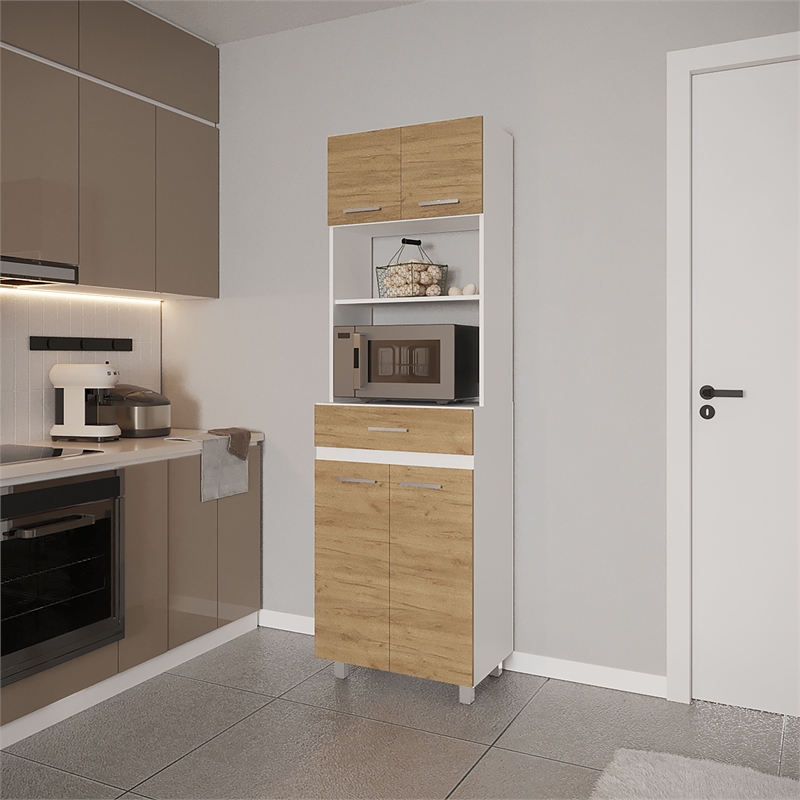Pemberly Row Tall Kitchen Cabinet with Microwave Shelf in White