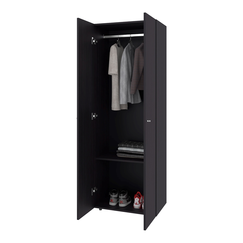 Pemberly Row Minimalist Wardrobe with Asymmetrical Doors in Dark Brown
