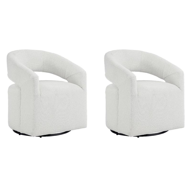 Pemberly Row Set of 2 Swivel Armchairs in White Boucle Fabric