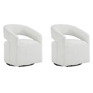 Pemberly Row Set of 2 Swivel Armchairs in White Boucle Fabric