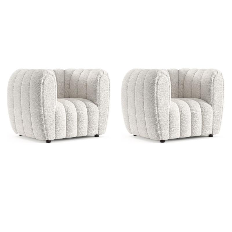 Pemberly Row Set of 2 Boucle Fabric Channel Tufted Arm Chairs in Off White
