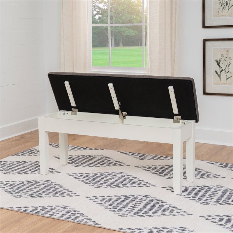 Pemberly Row Storage Bench with Vanilla White Wood and Taupe Cushioned Seat