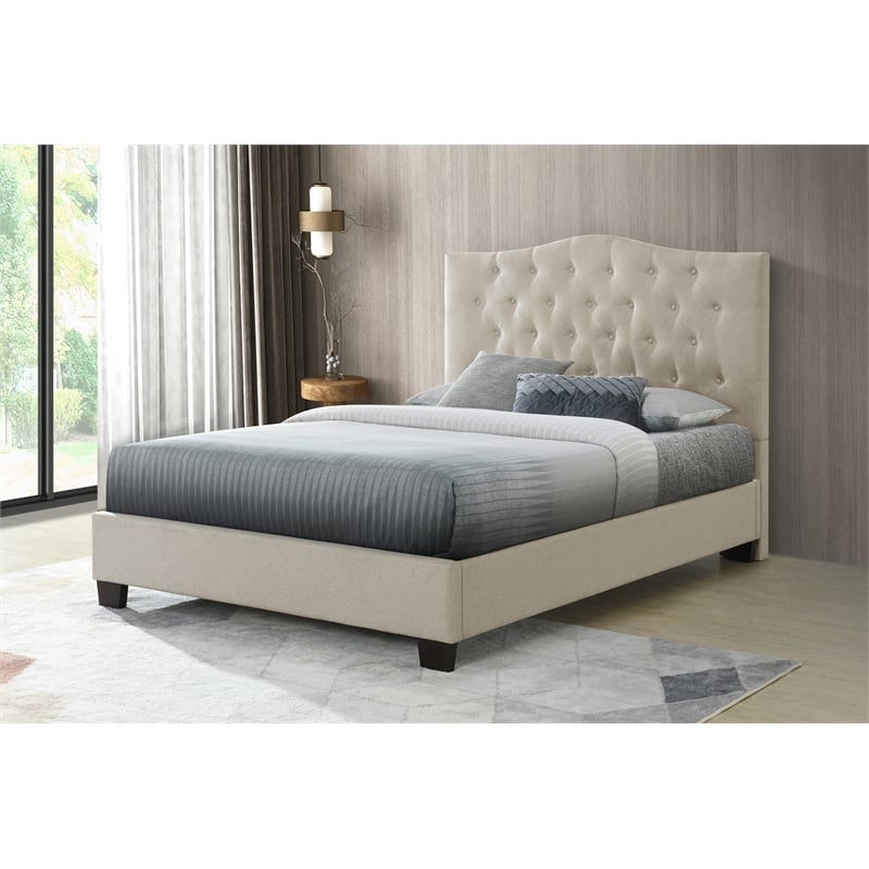 Pemberly Row Full Upholstered Platform Bed with Wooden Slats in Beige