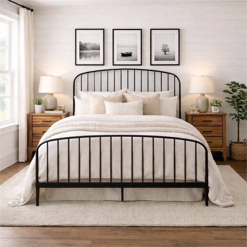 Pemberly Row Complete King Bed with Slats in Matte Black Finish